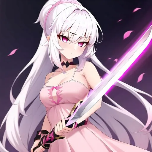 Prompt: A girl who have white hairs wearing pink dress and holding a sword she have pink eyes, anime style, 4k