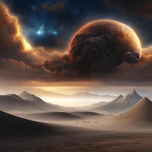 Prompt: dark fantasy landscape, dark volcanic sand, in the sky is a floating mighty dark god looking down at the landscape, thin atmosphere,  hd realistic, art, beyond the universe