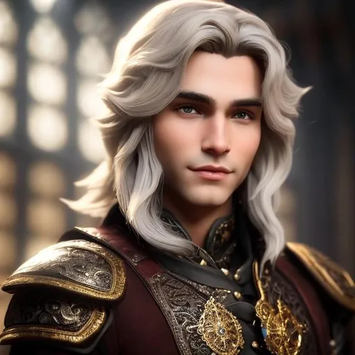 Prompt: #Vasa# character, [high quality 4k} medieval 22 year old prince with long silver-blond hair, silvery eyes, a small nose and a round face,
intricate, elegant, highly detailed, digital painting, artstation, smooth, sharp focus, illustration, 8k,