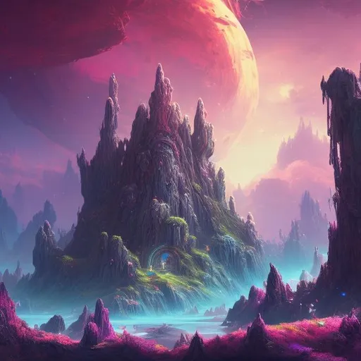 Prompt: Highly detailed video game level design, Fantasy RPG, Fantasy planet landscape with ship and moon, clouds, stars, planets, waterfalls, nebulae, mystical, purple, pink, blue, trending on artstation, beautiful, colorful, fantasy art, digital painting, hyperrealism, hyperdetailed, landscape, photorealistic, psychedelic, radiant,  vibrant, Has trees and an island, abandoned ship, has a mountain in the background