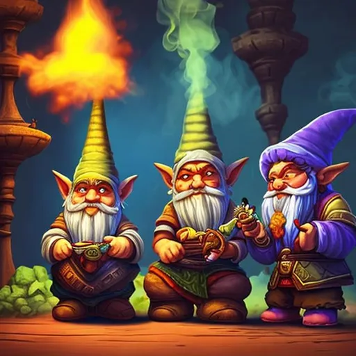 Prompt: A gnome and a dwarf from world of Warcraft smoking weed out of a hookah.