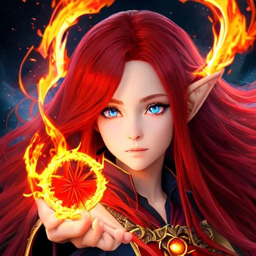 Prompt: "Full body, oil painting, fantasy, anime portrait of a young hobbit woman with flowing fiery red hair and dark blue eyes, short elf ears | Elemental fire sorceress wearing intricate fiery red wizard robes casting a flame spell, #3238, UHD, hd , 8k eyes, detailed face, big anime dreamy eyes, 8k eyes, intricate details, insanely detailed, masterpiece, cinematic lighting, 8k, complementary colors, golden ratio, octane render, volumetric lighting, unreal 5, artwork, concept art, cover, top model, light on hair colorful glamourous hyperdetailed medieval city background, intricate hyperdetailed breathtaking colorful glamorous scenic view landscape, ultra-fine details, hyper-focused, deep colors, dramatic lighting, ambient lighting god rays, flowers, garden | by sakimi chan, artgerm, wlop, pixiv, tumblr, instagram, deviantart