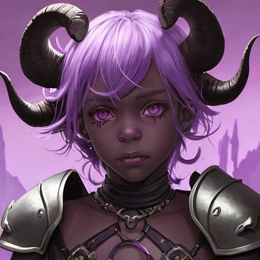 Prompt: Portrait of an adolescent, scared, innocent, beautiful tiefling girl with very dark ash skin, small curled ram horns, wearing tattered leather armor wielding light purple psionic blades on her hand