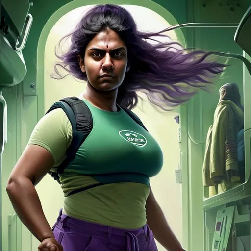 Prompt: Oil painting of a slightly heavy woman with Indian features and dark hair tied back, pretty face, In futuristic storage bay, wearing futuristic dark green body protection vest over whole torso, no sleeves bare arms, purple shorts bare legs, perfect composition, hype realistic, super detailed, 8k, high quality, trending art, trending on artstation, sharp focus, studio photo, intricate details, highly detailed, by greg rutkowski