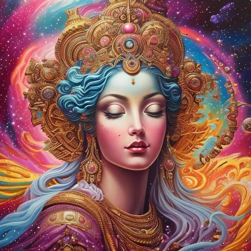Prompt: (Master piece) a breath taking view of beautiful and gorgeous cosmic goddess surrounded by gold,pink and cosmic space dust beautiful multi colourful vibrant colours breath taking view (master piece) oil painting 