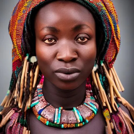 Prompt: photo realistic portrait of {a nigerian tribe}, centered in frame, facing camera, symmetrical face, ideal human, 85mm lens,f8, photography, ultra details, natural light, light background, photo, Studio lighting
