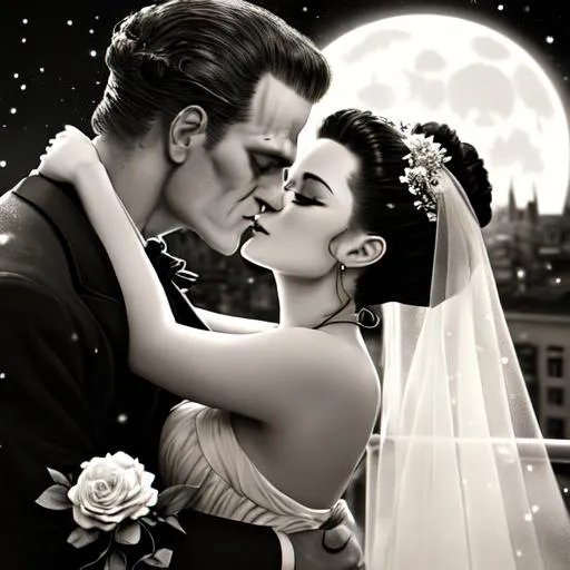 Prompt: Analog style portrait+ style; artistic pose in motion, Frankenstein and The Bride of Frankenstein on balcony, hugging, kissing. Up-close focus, Highly detailed face, hyper realistic, UHD, HD, 8k. Dark ambient, moonlight, night sky, cosmos, dark snowy mountains, dim lighting, Soft fabrics. Flowers.