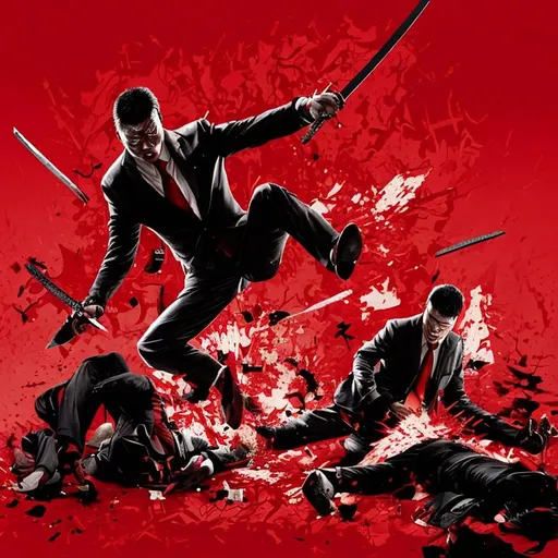 Prompt: a red background with a guy with a two-block cut Asian in a suit falling down and lying on the floor after being stabbed (the middle of the image) on the floor, with a sword in his back, him bleeding out. Make the guy in the middle of the image on the floor looking through the top with a ledge and an evil guy sitting on it looking over him. Make it look more realistic and simple for album cover


