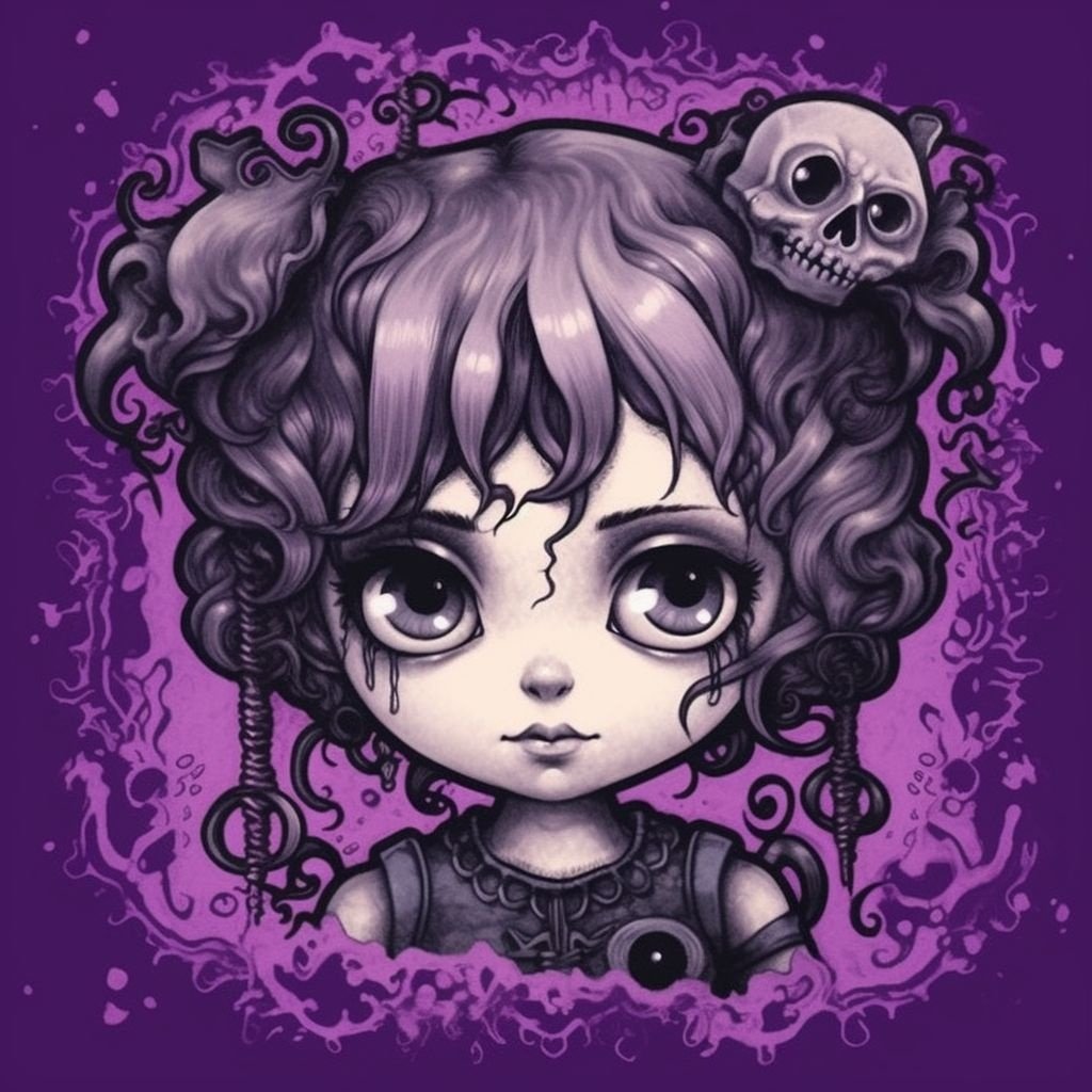 Prompt: a girl in black on a purple background, in the style of detailed and macabre, airbrush art, dark white and gray, warped, tweencore, inventive character designs, kawaiipunk