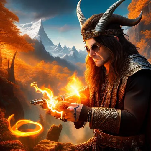 Prompt: Full body splash art, fantasy art, digital painting, sharp focus. Ozzy Osbourne as a Celtic warrior, goat horns, smoking a pipe, sunglasses. luminous forest, sunset, hyper-realistic, by Rembrandt, by Clyde Caldwell.