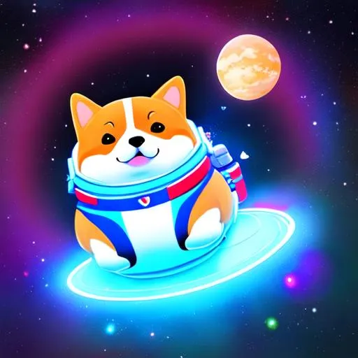 Prompt: (((fat round corgi astronaut))) (((in space))) neon, surreal, art style sam yang and james jean! 