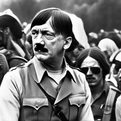 Prompt: adolf hitler is a hippie at woodstock 1969