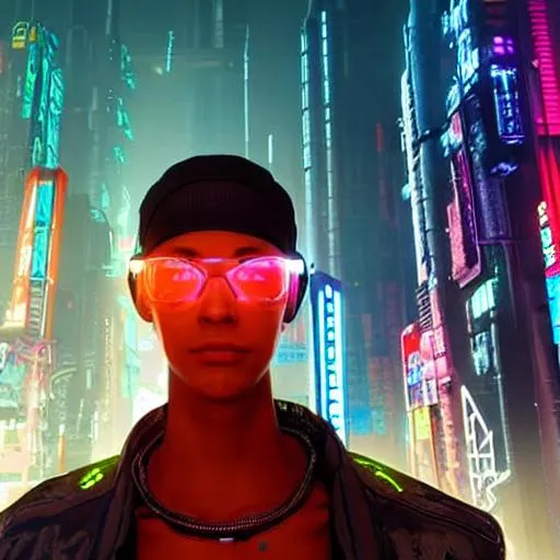 Prompt: Full face of a cyberpunk traveller, male aged 19, 65 kilos, Perfect face, perfect body, Neon future background city, Realistic, hyper-detailed, unreal engine 5