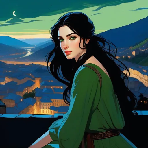 Prompt: Third person, gameplay, Georgian girl, pale skin, black hair, green eyes, Tbilisi at night, cold blue atmosphere, cartoony style, extremely detailed painting by Greg Rutkowski and by Henry Justice Ford and by Steve Henderson 