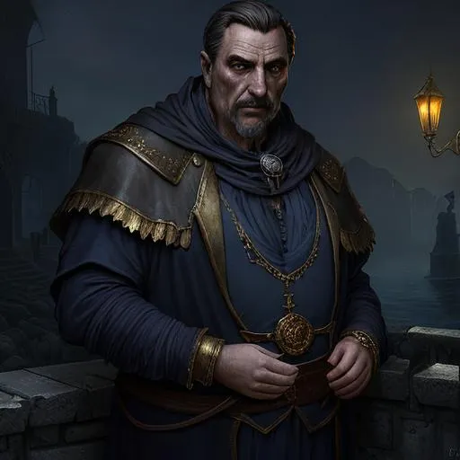 Prompt: highest quality concept art masterpiece, dark fantasy, Ravenloft, digital drawing, photo-realistic, Italian, Roma, short hair,  dull clothes with gold and dark blue, older male merchant, chubby, professional merchant, rich and knows it, dark, night, mists, coastal village, 
