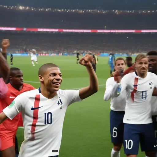 Prompt: make Kilyan mbappe win a world cup and celebrate with the french boys soccer national team








