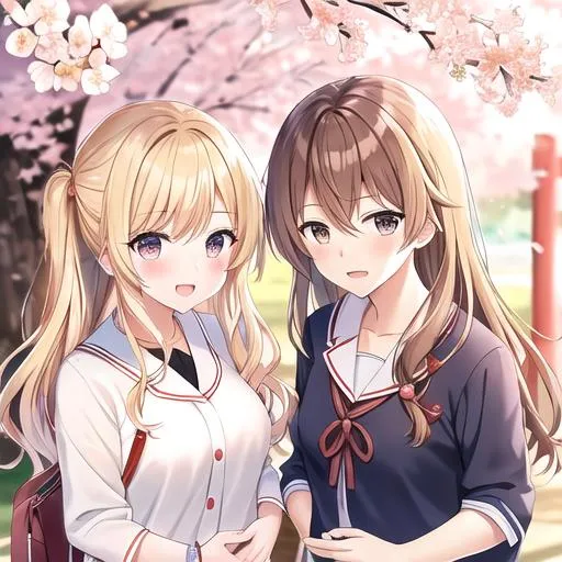 Prompt: (Caleb male brown hair) and (Haley, blonde hair,  wearing a Japanese school uniform) on a date, under the cherry blossom trees

