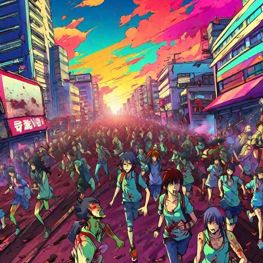 Prompt: GROUND VIEW, anime, Japanese, zombie apocalypse running towards you, you running away, side angle, BRIGHT colors, anime, Japanese, zombie apocalypse, wallpaper, trippy sky, city, POV, First person on ground, hoard of zombies running