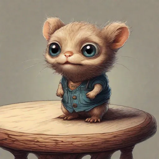 Prompt: Funny little guy, standing on a table, very small, borrower, charming, detailed eyes, cute, hand-drawn, high quality, charming, warm lighting