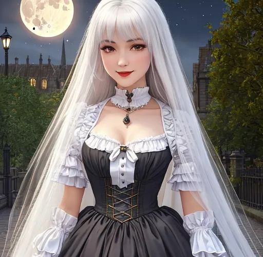 Prompt: Oil painting, landscape, UHD, 8K, highly detailed, panned out view of the character, visible full body, Victorian Street of London setting, night off the full moon, ethereal, unnatural grey-skinned vampire girl, beautiful detailed face, discrete smile, white hair with precious gems, . She is a pure blood Direct descendant from Count Dracula and her name is Mina Harker. She wears a Victorian man suits, and long pants with gold trim. (She's walking through the night under the full moon on the Victorian streets of London ). 