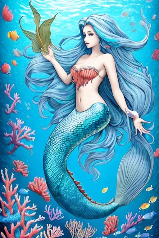 Prompt: A beautiful mermaid with long, flowing hair and a tail of blue scales, swimming in a coral reef.