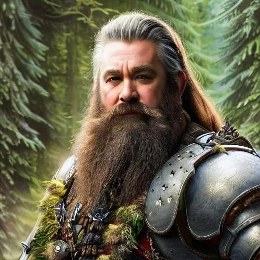 Prompt: oil painting, UHD, hd , 8k, , hyper realism, Very detailed, zoomed out view of character, full character visible, a Dwarf Druid, Bearskinarmor, Tattoos, redblonde hair, masculin, Long Beard with beardjewelry,