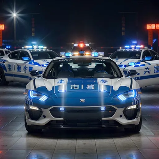Prompt: Subject: "Police cars"

Creative descriptions: Sleek, blue and white sports cars with spherical wheels are adorned with Chinese characters and the powerful Chinese characters "坡力士". The police cars are covered only with Chinese characters. Flashing lights illuminate the darkness, casting an eerie glow.

Environment: A bustling city at night, with towering skyscrapers and neon signs reflecting off wet pavements. The streets are alive with a mix of excitement and tension.

Mood/Feelings: A sense of authority and vigilance permeates the air. There's an undercurrent of urgency and anticipation, as if something significant is about to unfold.

Artistic medium/Techniques: The scene captures the interplay of light and shadow, highlighting the contrast between the glowing police cars and the dark cityscape. Long exposure techniques enhance the dynamic movement of the flashing lights.

Artists/Illustrators/Art Movements: Inspired by the works of Edward Hopper, with his mastery of capturing urban solitude, and influenced by the noir aesthetic of film noir and graphic novel illustrations.