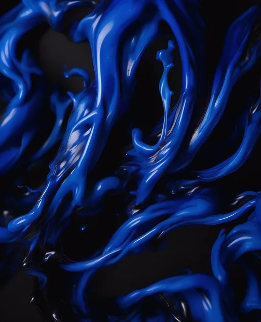 Prompt: An abstract image of cobalt blue paint swirling and melting against a black background, resembling ever-changing flames. Fiery tendrils of blue contort into organic shapes that seem to flicker and dance with motion. Shot with a Canon 5DS R and 100mm macro lens for finely detailed textures. Lit with dramatic side lighting to increase contrast. The mood is energetic and transformative yet highly controlled. In the style of LeRoy Neiman.