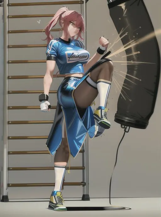 Prompt: Best quality, tall girl, (punching bag:1.2), master piece, punch the punching bag at the gym, muscle, blood, latex, ultra detailed, 4k, fight opunching, beautiful face, shine, colorful, anime, 3d, bloody 