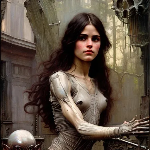 Prompt: Half human half alien { Edwardian style}, realistic, super detailed, 8k, high quality, sharp focus, studio photo, intricate details, highly detailed, oil painting by John William Waterhouse 