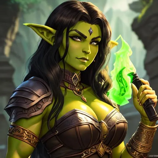 Prompt: oil painting, D&D fantasy, green-skinned-orc girl, green-skinned-female, tall, toned muscle, beautiful, short dark brown hair, wavy hair, determined, pointed ears, fangs, looking at the viewer, cleric wearing intricate adventurer outfit, #3238, UHD, hd , 8k eyes, detailed face, big anime dreamy eyes, 8k eyes, intricate details, insanely detailed, masterpiece, cinematic lighting, 8k, complementary colors, golden ratio, octane render, volumetric lighting, unreal 5, artwork, concept art, cover, top model, light on hair colorful glamourous hyperdetailed medieval city background, intricate hyperdetailed breathtaking colorful glamorous scenic view landscape, ultra-fine details, hyper-focused, deep colors, dramatic lighting, ambient lighting god rays, flowers, garden | by sakimi chan, artgerm, wlop, pixiv, tumblr, instagram, deviantart