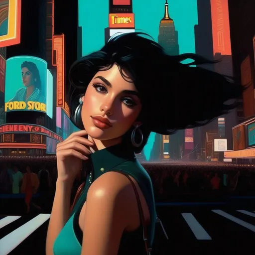 Prompt: Third person, gameplay, Puerto Rican-American girl, pale olive skin, black hair, brown eyes, 1980s, Times Square at night, neon, cold teal atmosphere, cartoony style, extremely detailed painting by Greg Rutkowski and by Henry Justice Ford and by Steve Henderson 


