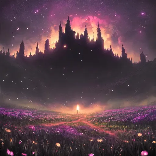 Prompt: Digital art, game art, night light, dark souls vibes, dusk, a huge black hole in the background of a field of flowers, flying fireflies