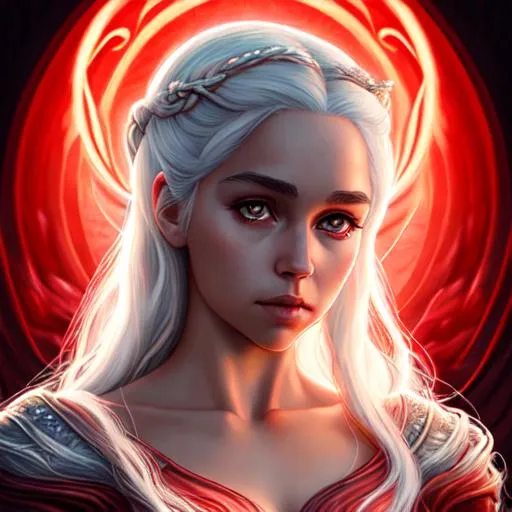 Prompt: character portrait of beautiful daenerys in style of kinuko y craft, symmetrical, beautiful, digital painting, flowing white hair + glowing red eyes, hyperrealistic, digital painting, highly detailed, dramatic, red glow