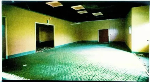 Prompt: 1993 disposable polaroid photo of the inside of an empty, abandoned 1960's office building, liminal spaces, long dark hallways, creepy, unsettling, corridors, labyrinth, maze