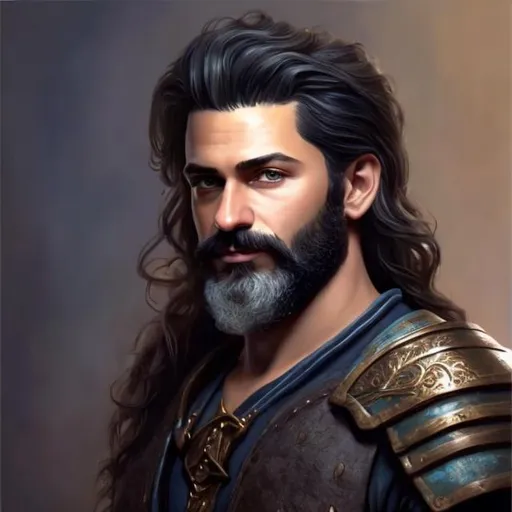 Prompt: realistic painting, fantasy character art,40-year-old male,dark-skinned,hair is short on sides and longer on top,wavy black hair,neatly-trimmed beard,necromancer,black-armor