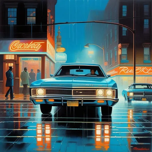 Prompt: 1970s, Philadelphia at night, neon, car chase, rain, fog, cold blue atmosphere, cartoony style, extremely detailed painting by Greg Rutkowski and by Henry Justice Ford and by Steve Henderson
