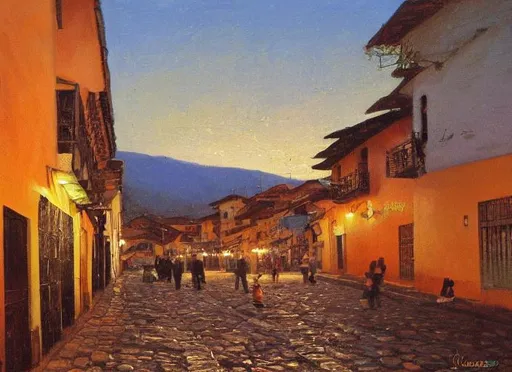 Prompt: "Golden hour", Dark, Cuenca, Ecuador, "oil painting in style of Thaulow", golden hour, highly detailed
No frame