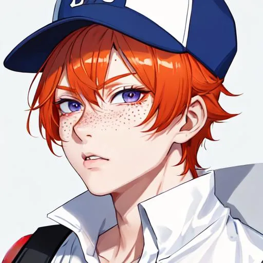 Prompt: Erikku male (short ginger hair, freckles, right eye blue left eye purple) muscular, UHD, 8K, Highly detailed, insane detail, best quality, high quality. wearing a sideways baseball cap, streetwear