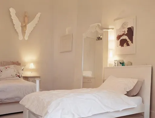 Prompt: bedroom small white single bed angel 