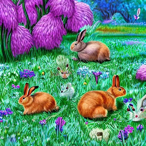 Prompt: rabbits hopping around in a beautiful detailed place
