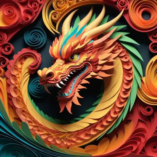 Prompt: flat emboss 3d style paper illustrator design classic Chinese dragon.  abstract vector fractal, wave function, quilling, Zent angle, 3d shading" by Jason Middlebrook --v 6.0, warm color grading, (cartoon-style bold line work:1.2), vibrant colors, cel shading, background cloude gradient color epic abstract vector fractal. cinematic shot, dynamic lighting, 75mm, Technicolor, Panavision, cinemascope, sharp focus, fine details, 8k, HDR, realism, realistic, key visual, film still, cinematic color grading.
