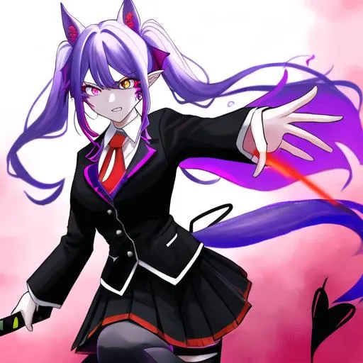 Prompt: Haley  as a demon (multi-color hair) (multi-color eyes)(she has horse ears) holding a katana, fighting, in a gunfight, bullets flying, fighting in a rural area, angry, (demon tail), (demon wings), lunging at the center, flying in the air