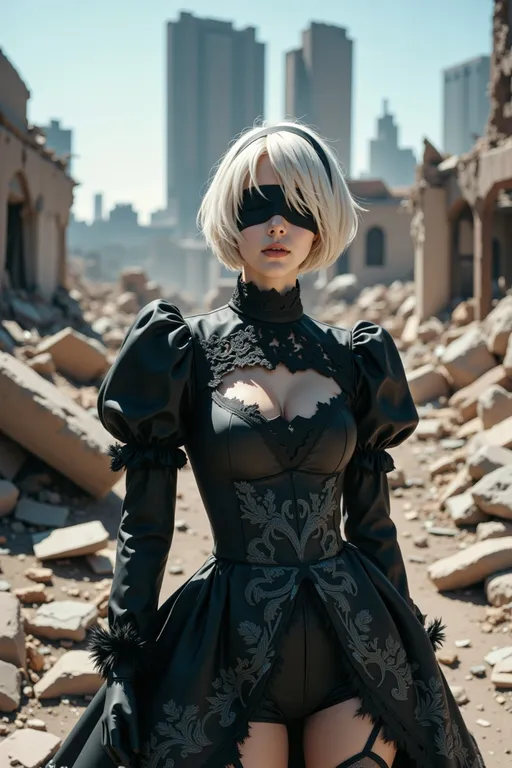 Prompt: In a striking urban wasteland, a character clad in a bold black and gray outfit stands confidently among the rubble of crumbling buildings, illuminated by bright daylight. With short, platinum-blonde hair and a black blindfold concealing her eyes, she exudes both mystery and allure, emphasized by the intricate details of her costume, such as the puffed sleeves and a skirt adorned with delicate floral embroidery. The soft curves of her figure contrast starkly with the harsh, chaotic backdrop of debris, creating a visually compelling narrative of resilience and beauty against destruction. The overall image captures a blend of elegance and edginess, evoking a sense of intrigue and a story waiting to unfold amidst the desolate scenery.