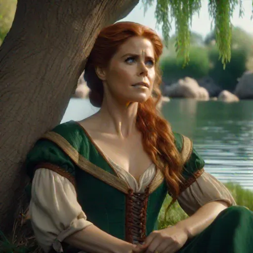 Prompt: Amy Adams as a D&D Elf bard,  Sitting under a willow tree by a lake, highly detailed, professional, render, Sharp focus, HD, UHD, HDR, hyper realistic