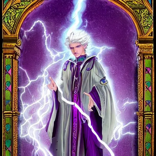 Prompt: a young, white, purple-haired mage of the storm, holding lightning at his fingertips, his purple robes, accented with cyan, engraved with mystic runes