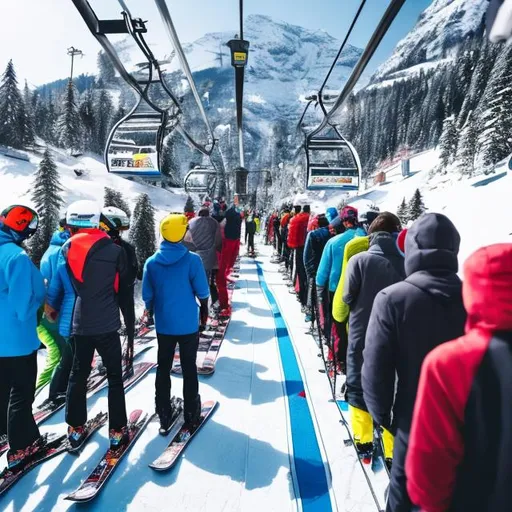 Prompt: man waiting in a huge queue for ski lift
