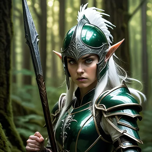 Prompt: Full helmet wearing teenage girl high elf paladin with beautiful face, head covered by full helmet, tight fitting green plate armor, full helmet with covered face and white horsehair plume, wielding a two handed long bladed spear, highres, detailed, dramatic pose, fantasy, dark fantasy, dramatic lighting, mossy forest, Fae details, intense gaze, professional rendering