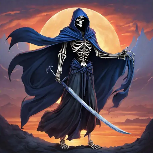 Prompt: Grim reaper with night blue cloak, long sickle on the left hand, Caduceus (the medical symbol) as a long sword in the right hand, sunset background