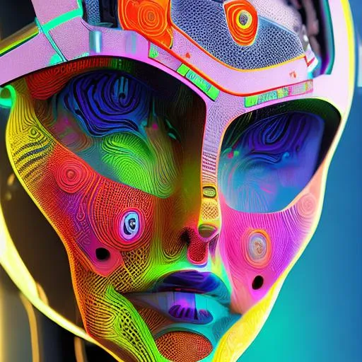 Prompt: Robot face with computer code in bright colours and clean focus